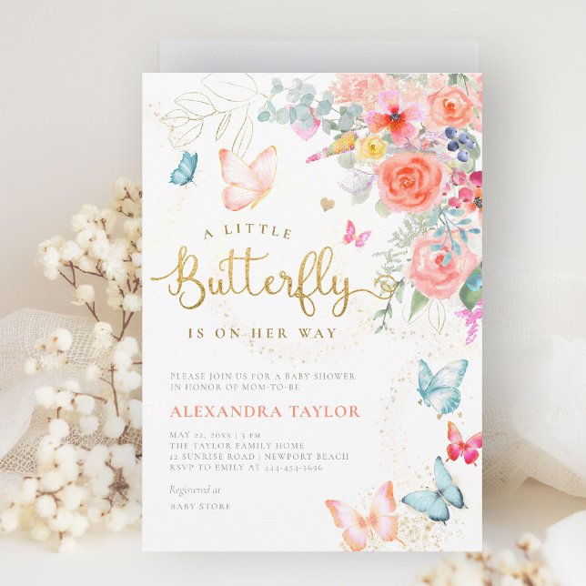 Little Butterfly Bright Floral Baby Girl Dusche Einladung (little butterfly baby shower invitation bright colorful garden peach pink orange teal blue gold)