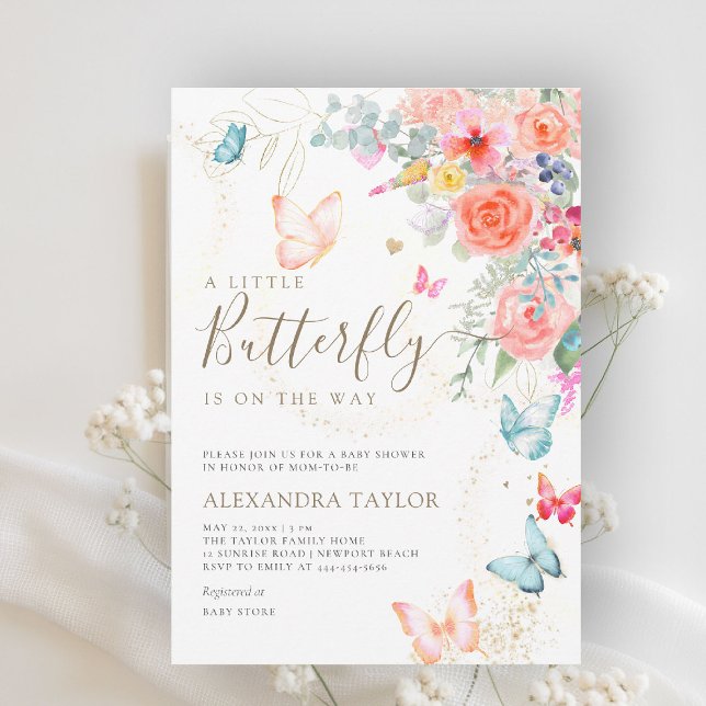 Little Butterfly Bright Garden Baby Girl Dusche Einladung (little butterfly baby shower invitation bright colorful garden peach orange teal blue watercolor)