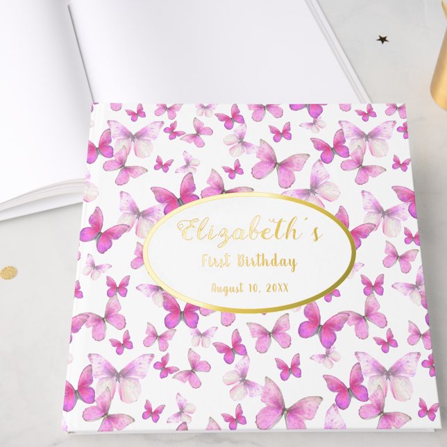 Little Butterfly First Birthday Pink Girl Gold Gästebuch (Von Creator hochgeladen)