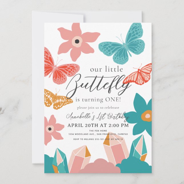 Little Butterfly Floral & Crystal 1. Geburtstag Einladung (Vorderseite)