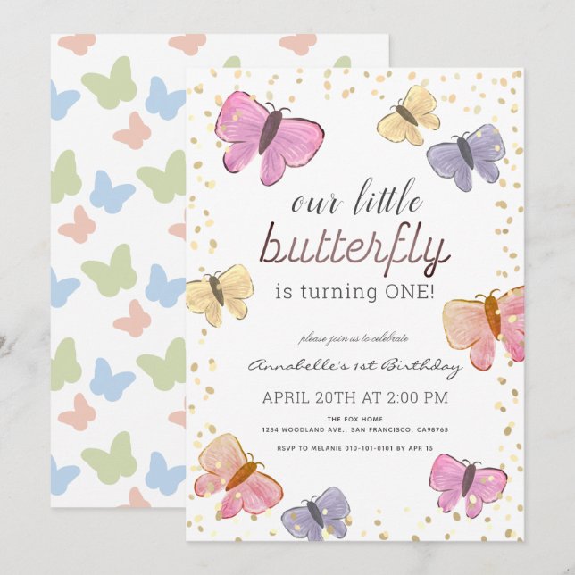 Little Butterfly Girl 1. Geburtstag Einladung (Vorne/Hinten)