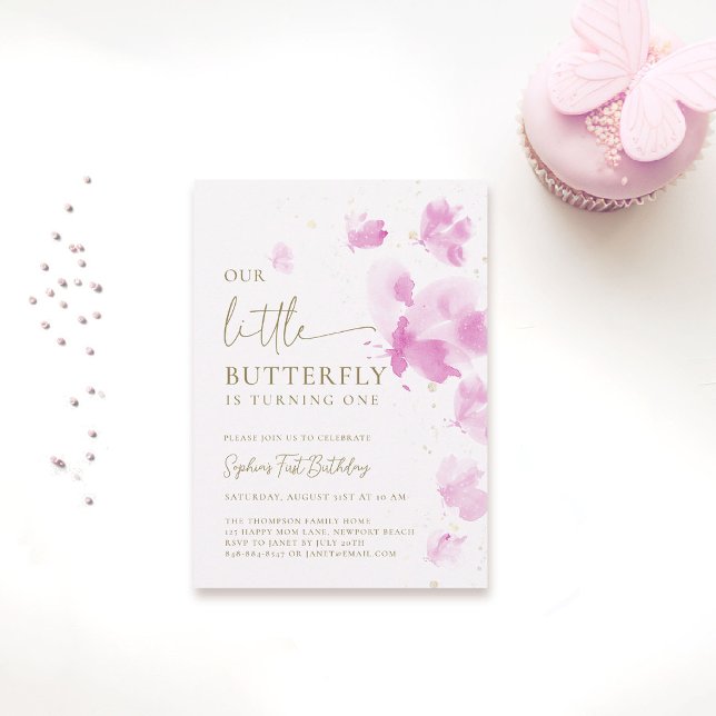 Little Butterfly Pink Budget 1. Geburtstag Einladung (butterfly themed 1st birthday invitation girls pink watercolor one year fluttered by budget)