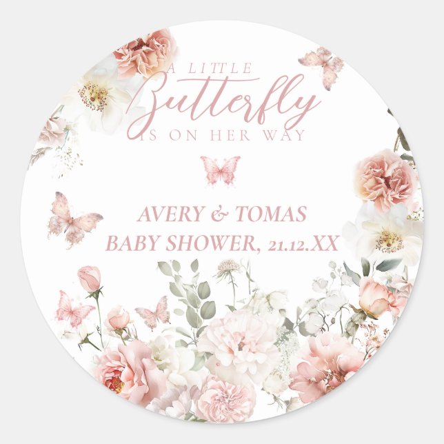 Little Butterfly Pink Floral Baby Girl Dusche Runder Aufkleber (Vorderseite)