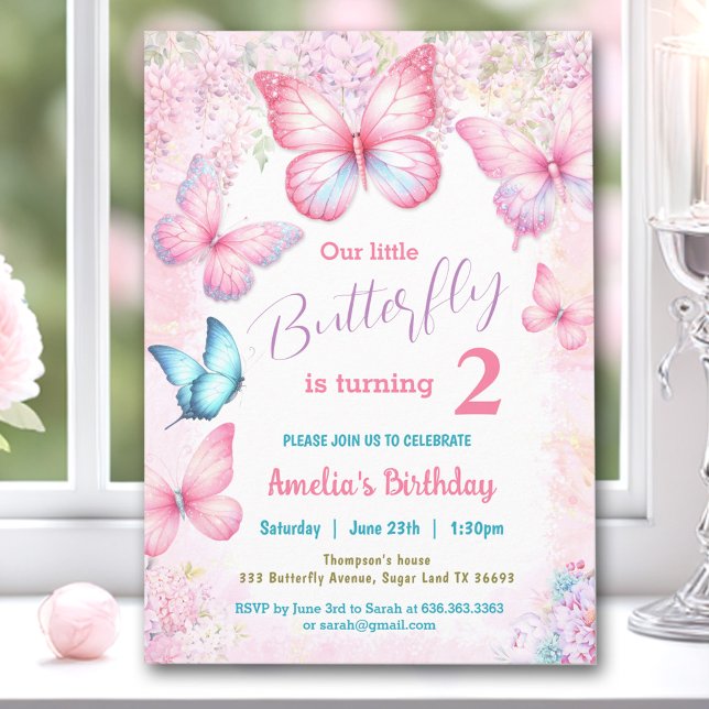 Little Butterfly Pink Floral Summer Girl Geburtsta Einladung (Little Butterfly Pink Floral Summer Girl Birthday Invitation)