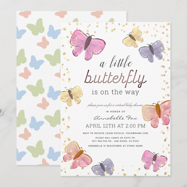 Little Butterfly Virtual Baby Dusche Einladung (Vorne/Hinten)