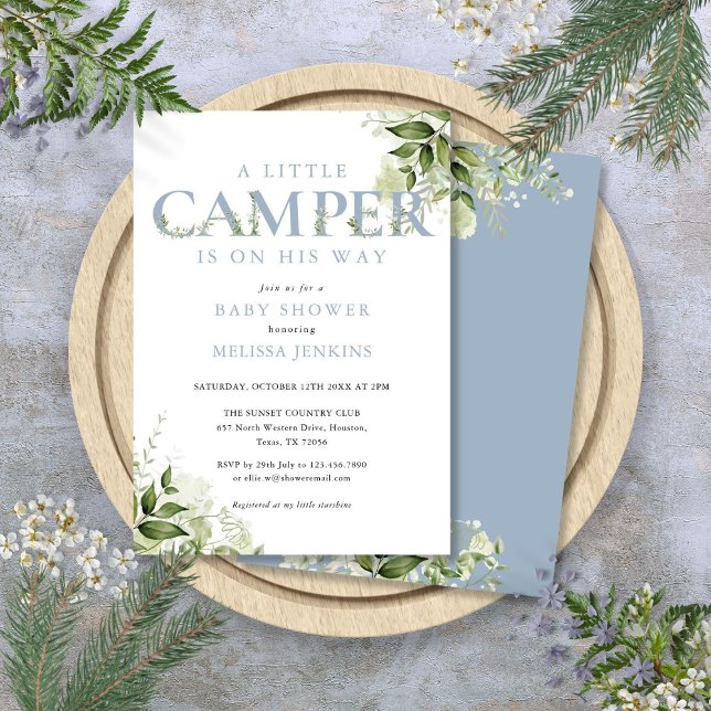 Little Camper Dusty Blue Greenery Baby Dusche Einladung (Little Camper Dusty Blue Greenery Baby Shower Invitation)