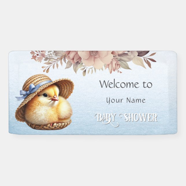 Little Chick Blue Ribbon Baby Dusche Banner (Horizontal)