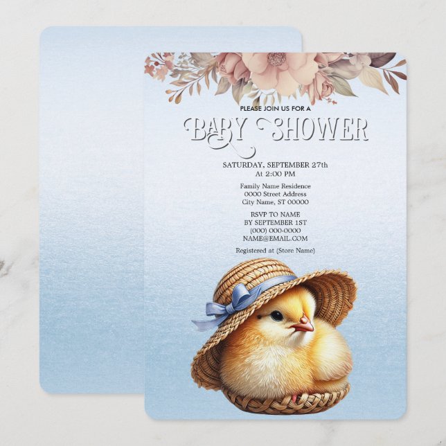 Little Chick Blue Ribbon Baby Dusche Einladung (Vorne/Hinten)