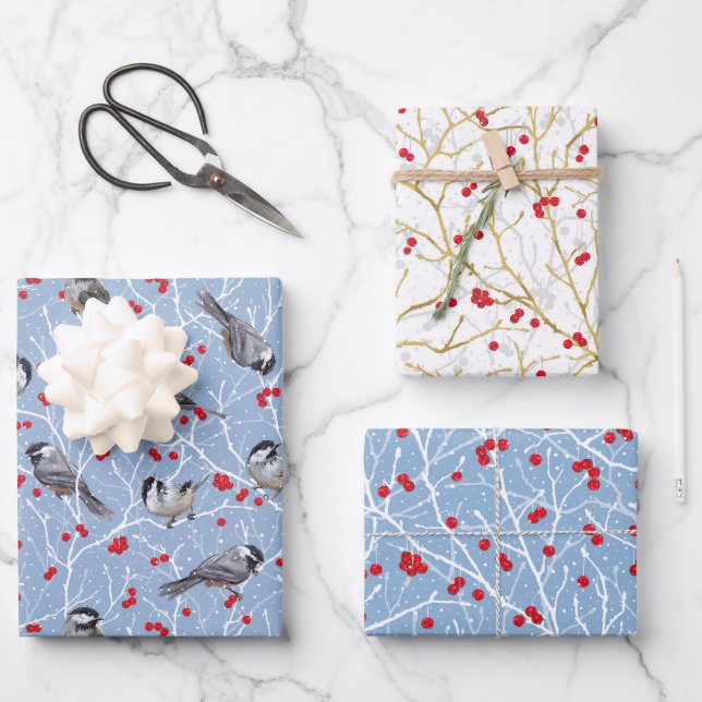 Little Chickadees + Snowy Winterberries Set Geschenkpapier Set (Vorderseite)