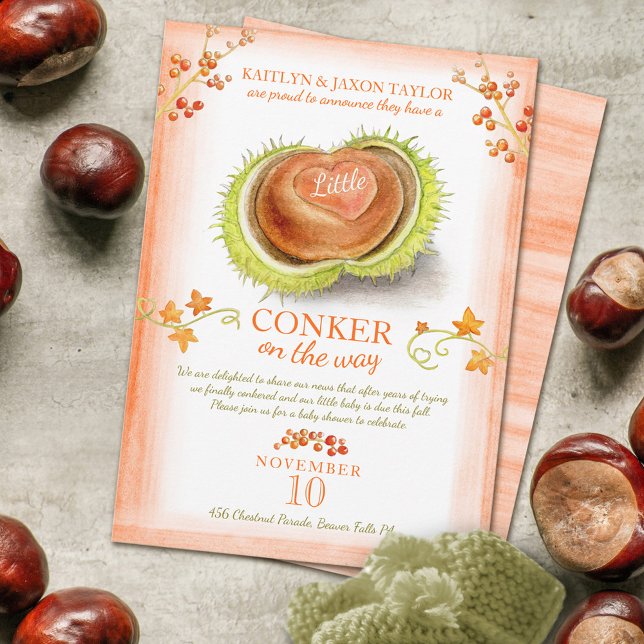Little Conker Herz Wasserfarben Babydusche Ankündigung (Von Creator hochgeladen)