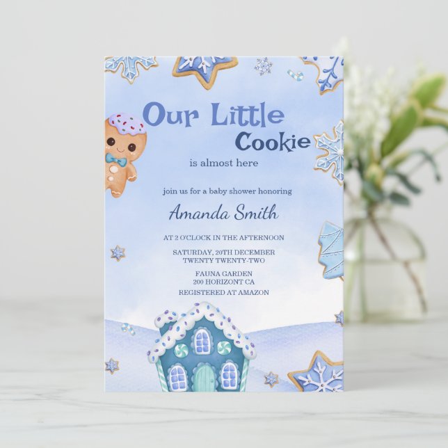 Little Cookie Winter Christmas Boy Baby Shower Einladung (Stehend Vorderseite)