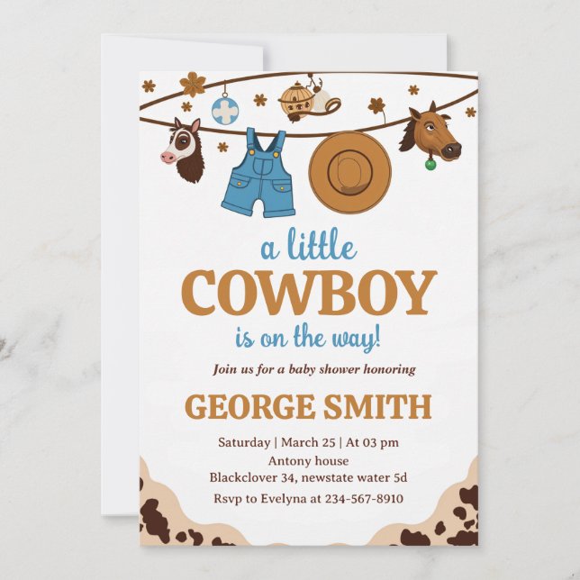Little Cowboy Baby Dusche Honorar Party Einladung (Vorderseite)