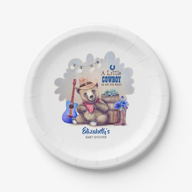 Little Cowboy Bear Baby Shower Country Thema Pappteller (Vorderseite)
