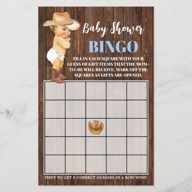 Little Cowboy Blue Baby Shower Bingo Game Card Flyer (Vorne)