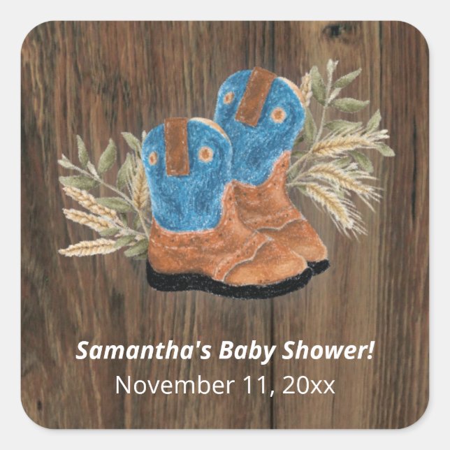 Little Cowboy Bootie Baby Shower Dark Wood Quadratischer Aufkleber (Vorderseite)