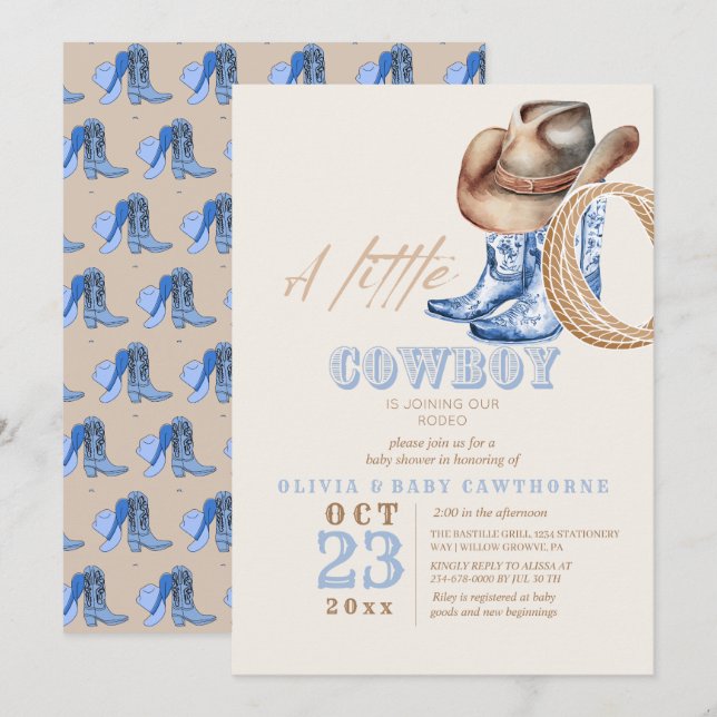 Little Cowboy First Rodeo Baby Dusche Einladung (Vorne/Hinten)
