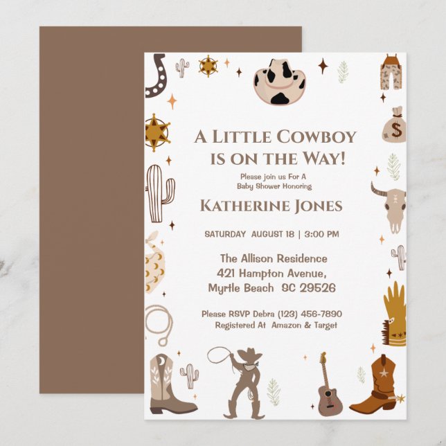 Little Cowboy Rustic Western Baby Shower  Einladung (Vorne/Hinten)