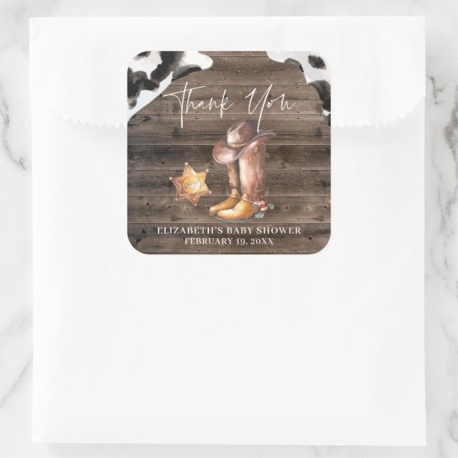 Little Cowboy | Western Baby Dusche Gefallen Quadratischer Aufkleber (Tasche)