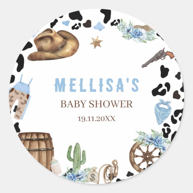 Little Cowboy Western Blue Baby Shower Runder Aufkleber (Vorderseite)