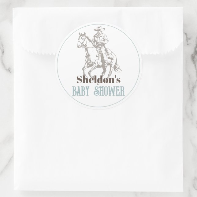 Little Cowboy Western Blue Boy Baby Dusche Runder Aufkleber (Tasche)