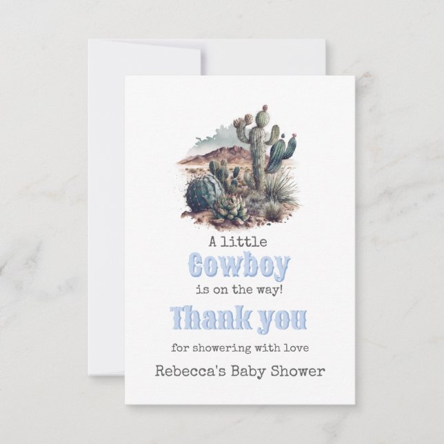 Little Cowboy Western Blue Boy Baby Dusche Willkom Dankeskarte (Vorderseite)