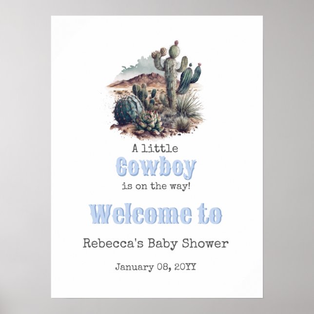 Little Cowboy Western Blue Boy Baby Dusche Willkom Poster (Vorne)