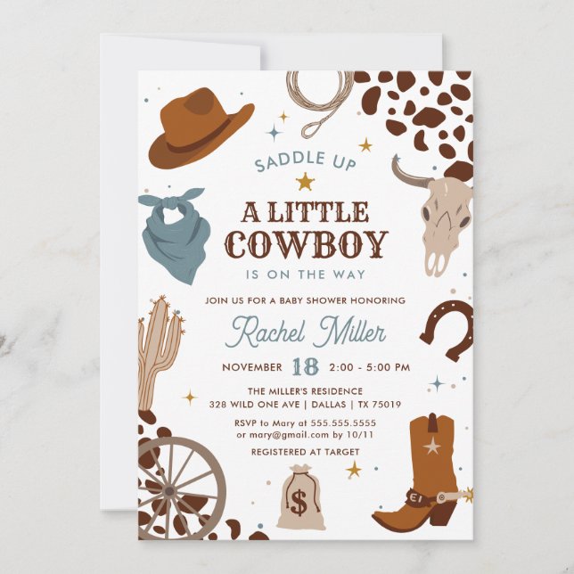 Little Cowboy | Wild West Boy Baby Shower Einladung (Vorderseite)