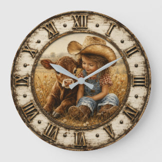Little Cowgirl and Baby Calf Rustic Farmhouse Große Wanduhr