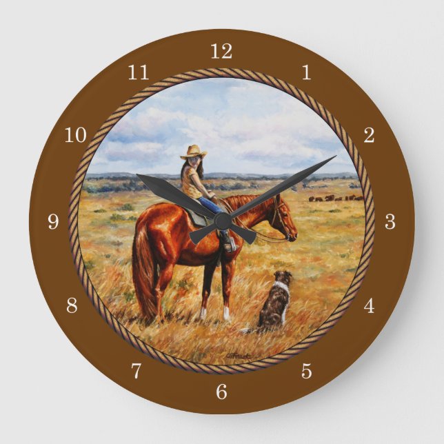 Little Cowgirl auf Rind Pferd Brown Große Wanduhr (Vorderseite)