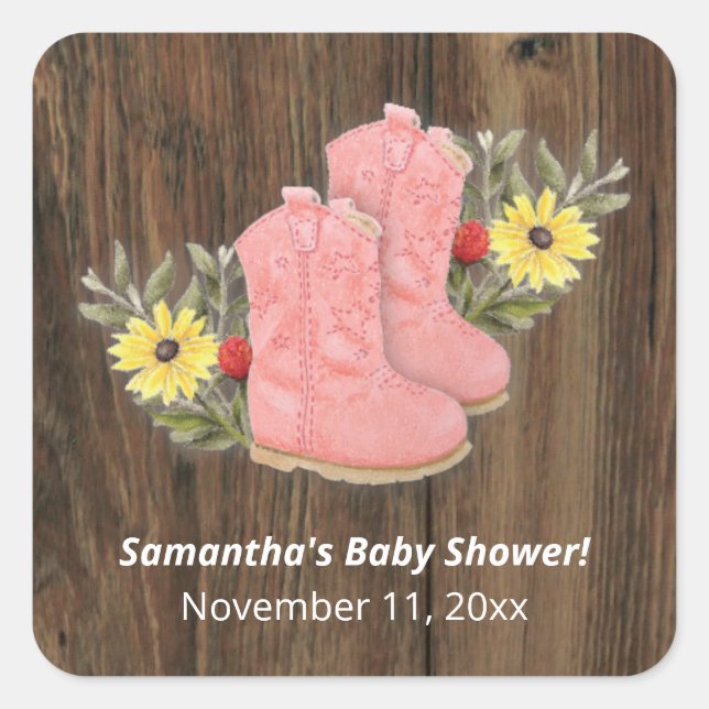 Little Cowgirl Bootie Dark Wood Baby Dusche Quadratischer Aufkleber (Vorderseite)