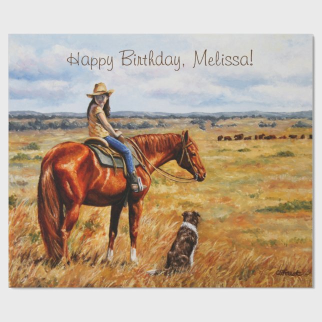 Little Cowgirl on Cattle Horse Geschenkpapier (Flach)