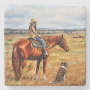 Little Cowgirl on Cattle Horse Steinuntersetzer