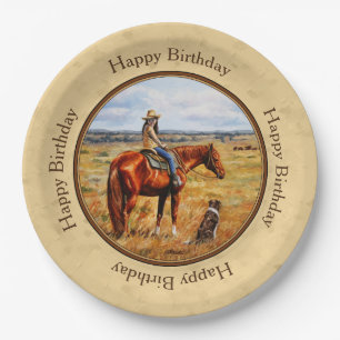 Little Cowgirl on Cattle Horse Yellow Pappteller