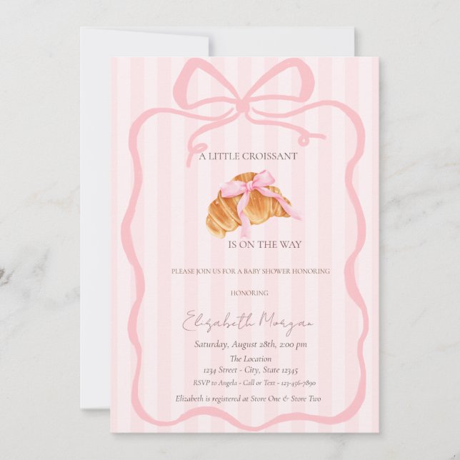 Little Croissant Pink Bow Pink Stripes Baby Shower Einladung (Vorderseite)