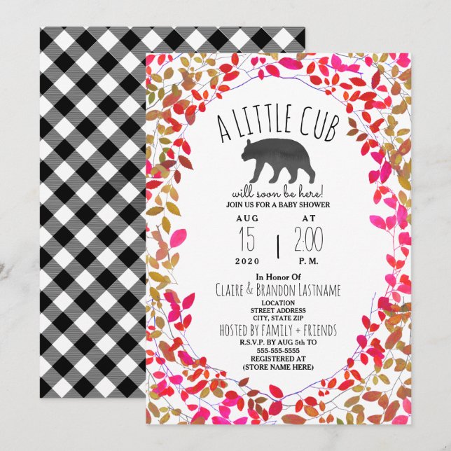 Little Cub Girly Greenerity Kariert Babydusche Einladung (Vorne/Hinten)