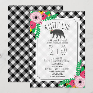 Little Cub Kariert Black + White Girly Baby Dusche Einladung