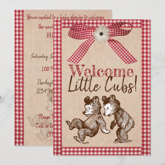 Little Cubs Zwillingsgeschlechtsneutral Babydusche Einladung (Vorne/Hinten)