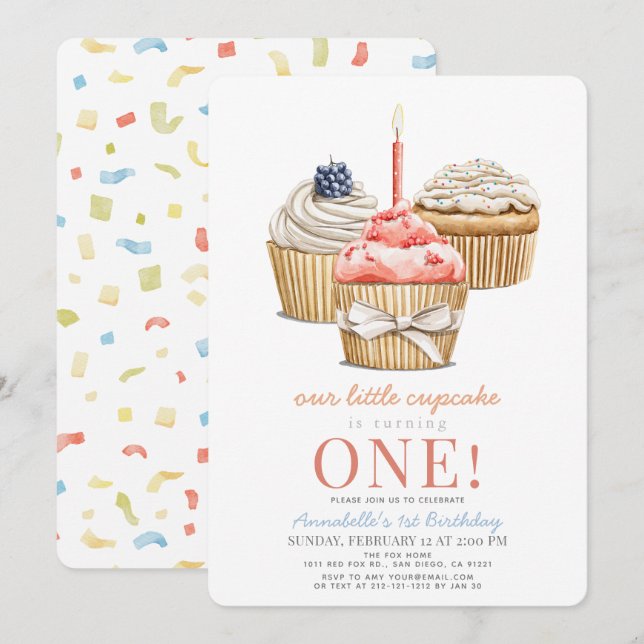 Little Cupcake Girl 1. Geburtstag Einladung (Vorne/Hinten)