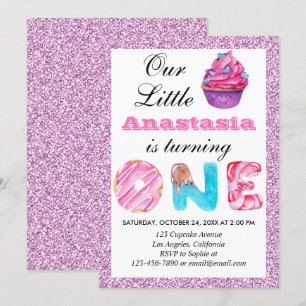 Little Cupcake Pink Lilac Glitzer 1. Geburtstag 1 Einladung