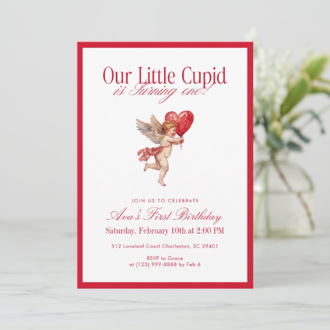 Little Cupid First Birthday Valentine Einladung (Stehend Vorderseite)