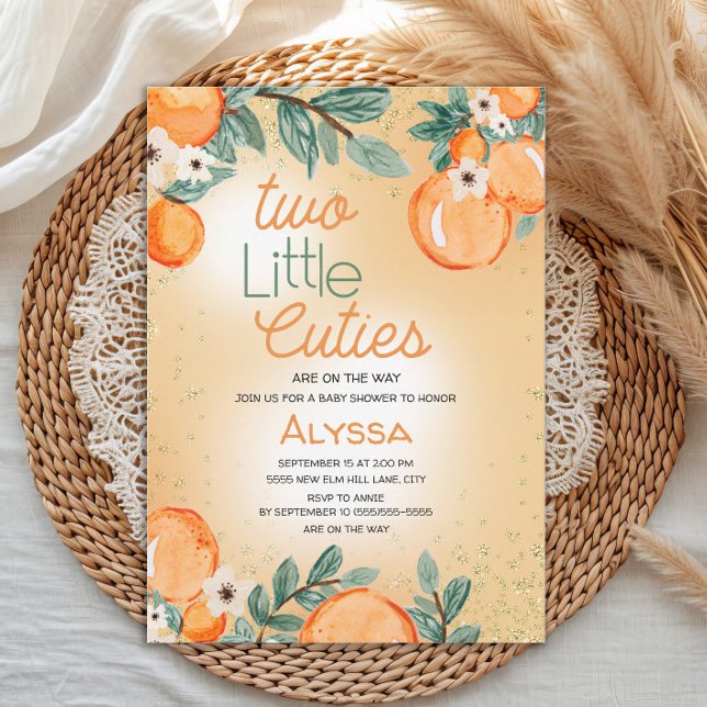 Little Cutie Orange Green Twin Baby Shower Einladung (Two Little Cuties twin baby shower invitation)