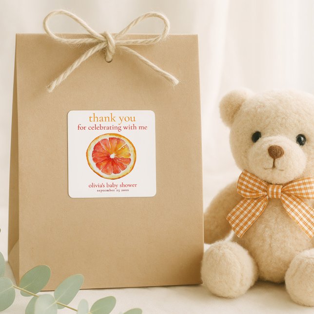 Little Cutie Orange Slice Thank You Baby Shower  Quadratischer Aufkleber (Von Creator hochgeladen)