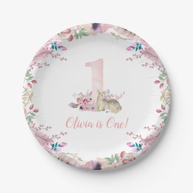 Little Deer First Birthday Party Personalisiert Pappteller (Vorderseite)