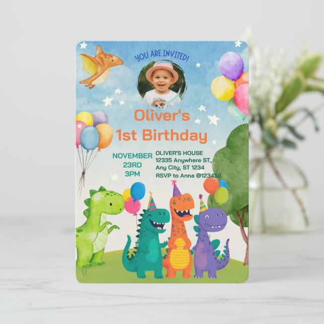 Little Dino 1st Birthday Invitation Einladung (Stehend Vorderseite)