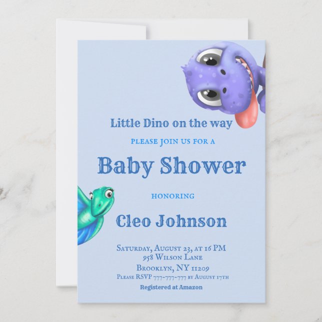 Little Dino auf dem Weg Blue Boy Baby Dusche Invit Einladung (Vorderseite)