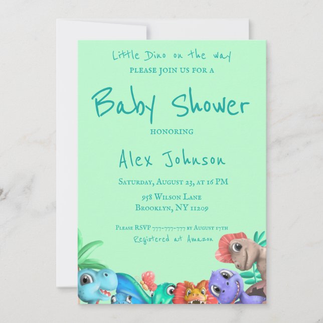 Little Dino auf dem Weg zur Grünanlage Babydusche Einladung (Vorderseite)