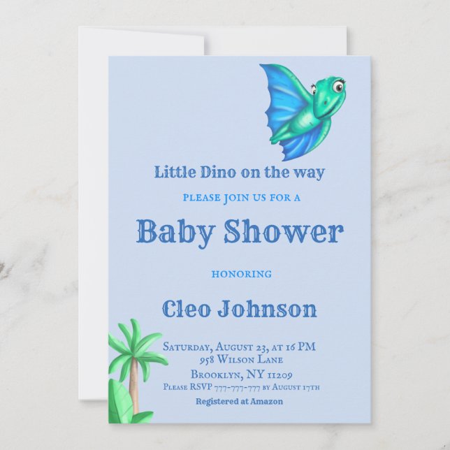 Little Dino auf der Way Blue Boy Baby Dusche Einladung (Vorderseite)