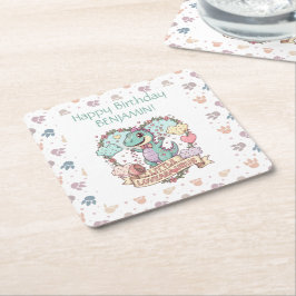 Little Dino Birthday Personalized Rechteckiger Pappuntersetzer