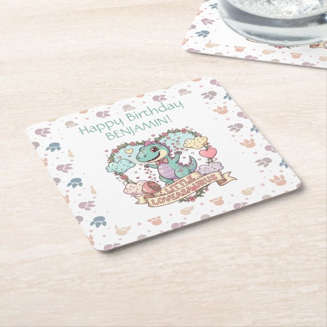 Little Dino Birthday Personalized Rechteckiger Pappuntersetzer (angewinkelt)
