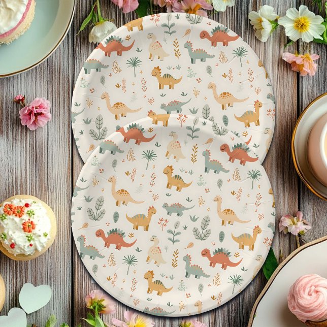 Little Dinosaurier Beige neutrale Tones Pappteller (Von Creator hochgeladen)